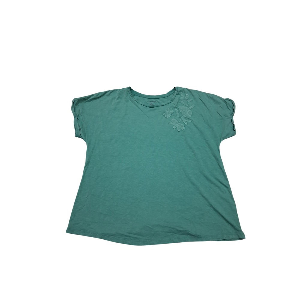 Knox Rose Womens XL Green Slub Knit Floral Embroidered Short Sleeve T-Shirt